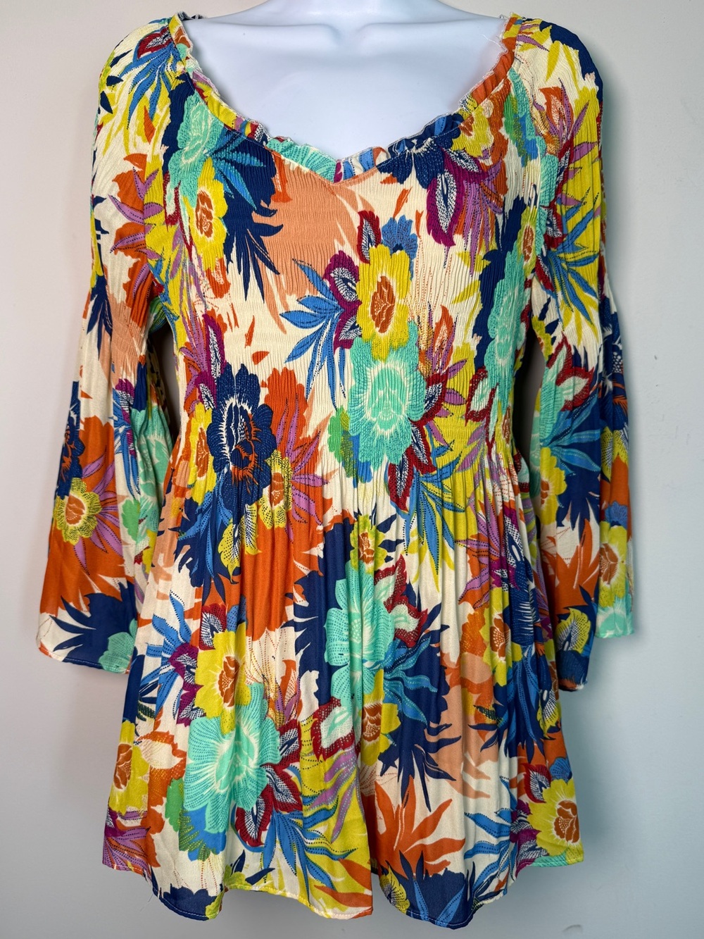 SPENSE | Tropical Floral Off Shoulder Peasant Top Bell Sleeves Boho Size S